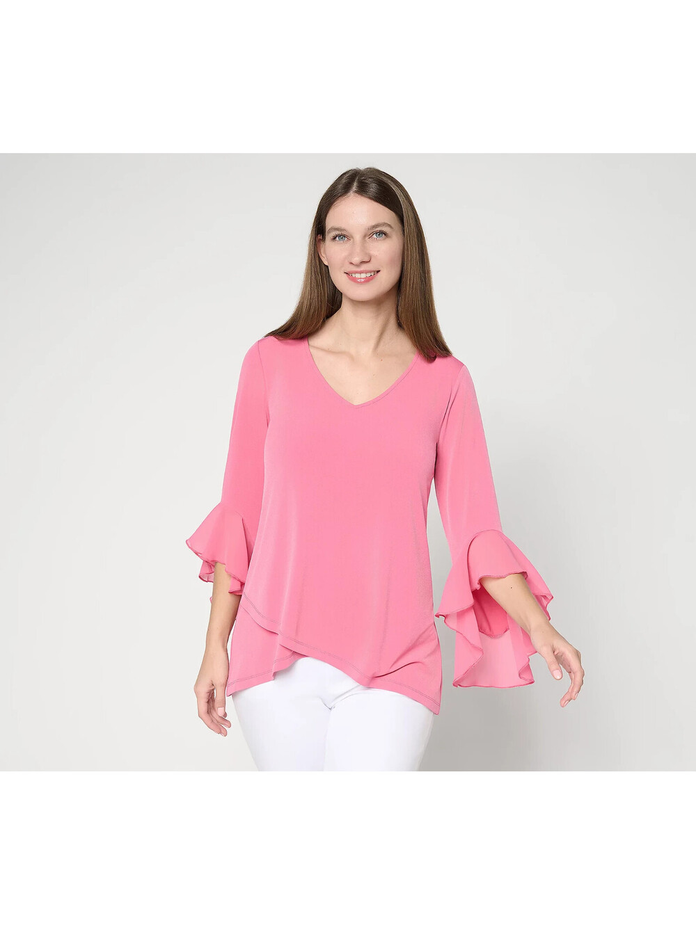 Susan Graver Regular Liquid Knit Tunic w/ Woven Ruffle Sleeves Pink Bloom, Large